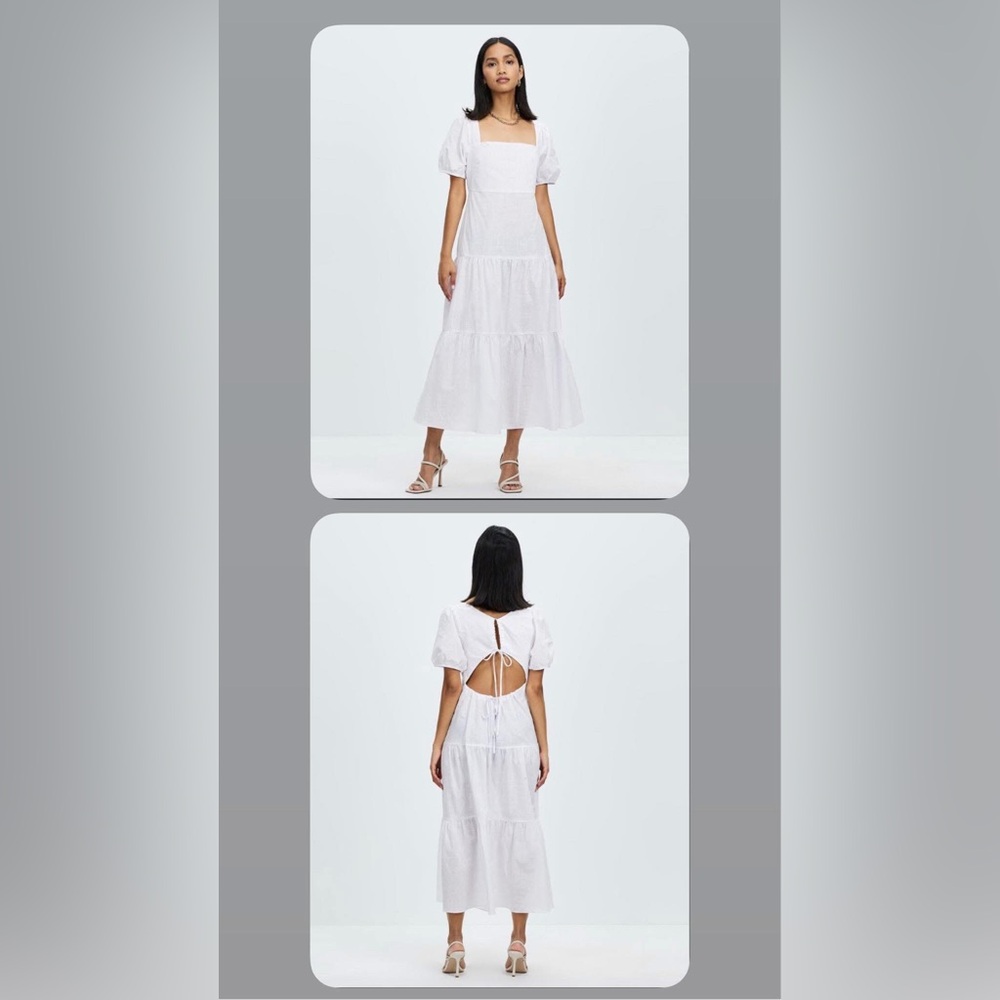 Glamorous White Tiered Midi Dress 100% Cotton Puff Sleeve Open Back